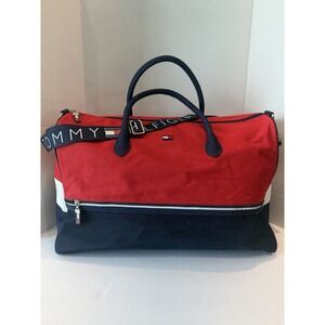 VTG Tommy Hilfiger Red, Navy and White Canvas Duffel Bag w/ Adj Shoulder Strap